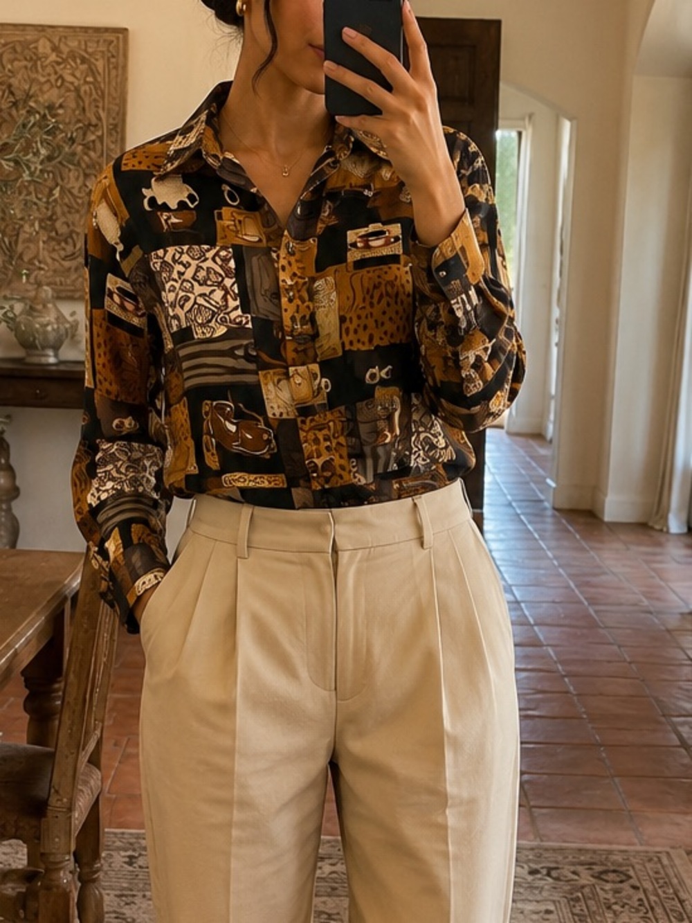 Vtg Ishyu Top Women 10 Coffee Silk Gold Geometric Button Up Shirt Blouse tuscan